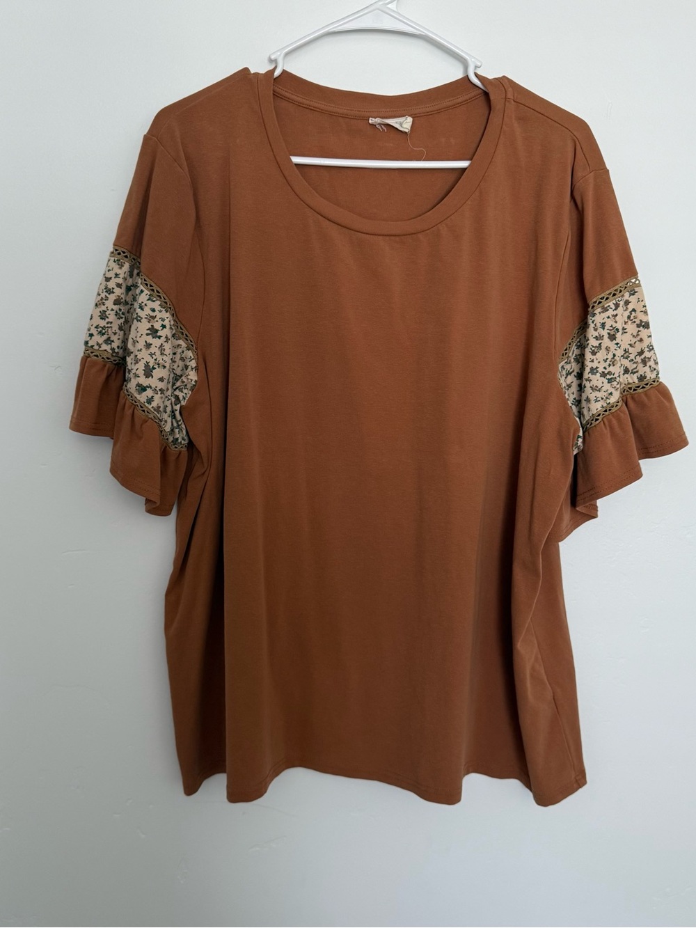 Roolee Rust Brown Short Sleeve Top with Floral Ruffle Sleeves